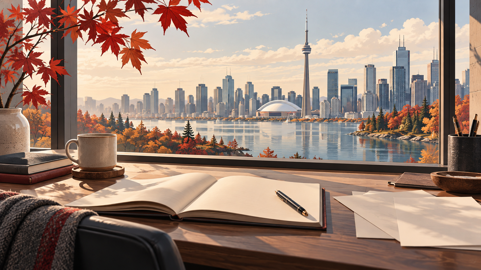 Illustrated desk and Canadian city skyline in autumn